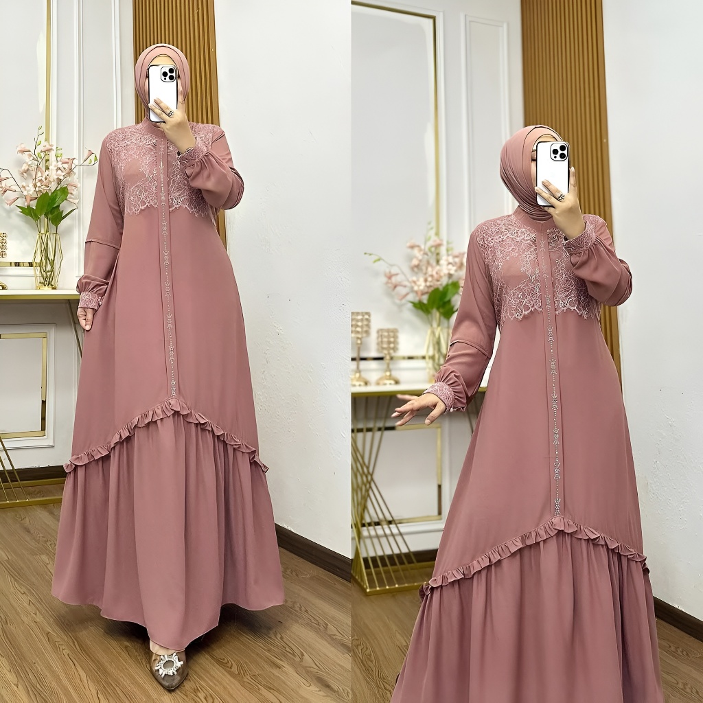 Senada Dress Muslimah Elegan Renda Gamis Pesta Full Furing Baju Kondangan Mewah Maxi Gaun Pesta