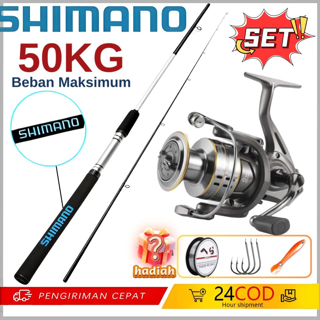SHIMANO Set Pancing Lengkap Joran 2 Bagian Portable & Reel Berputar Cocok untuk Pancing Laut Alat Um