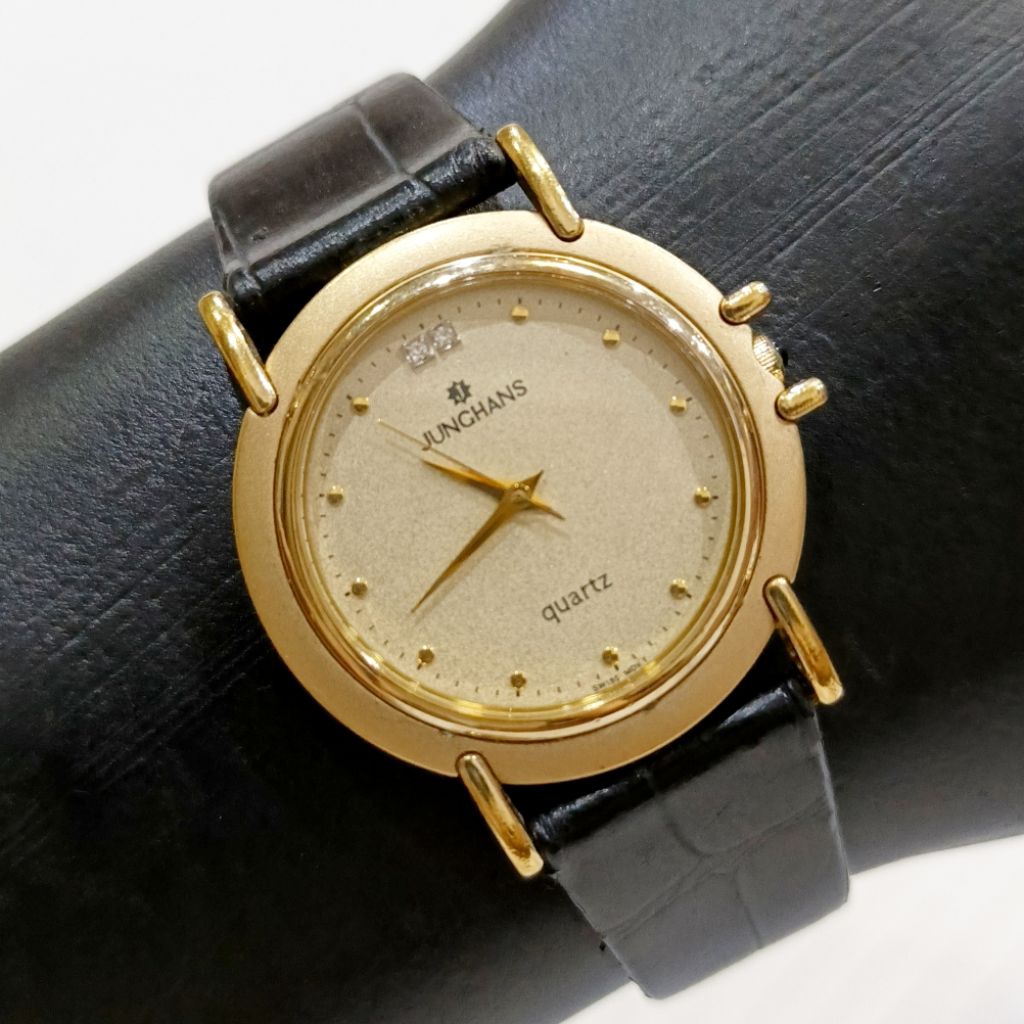 Jam Tangan Junghans Meister Elegance Diamond Gold Plated Quartz Watch Men Pria Elegan Mewah Kulit