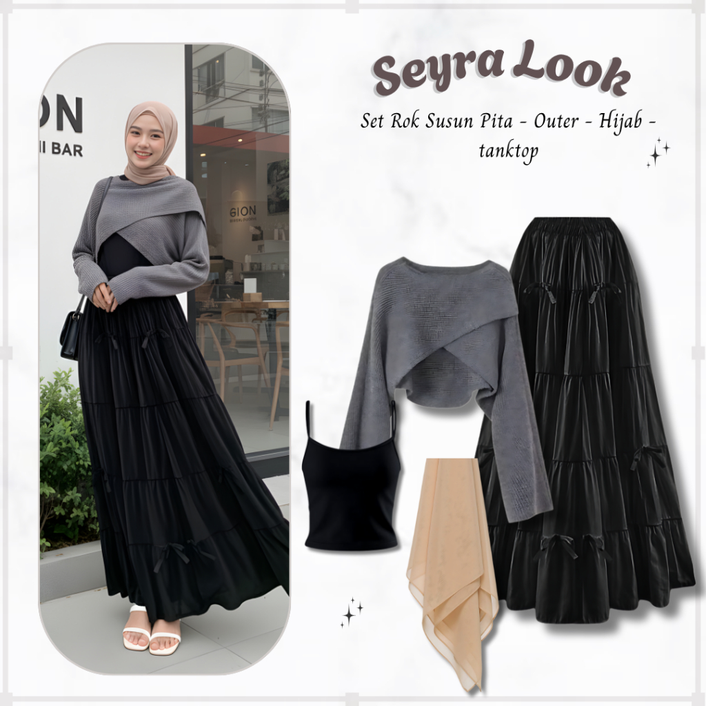 Seyra Look 4in1 - Ootd Outer Rajut Knit Tebal + Rok Susun Pita Hitam + Tanktop Hitam + Hijab Coklat 