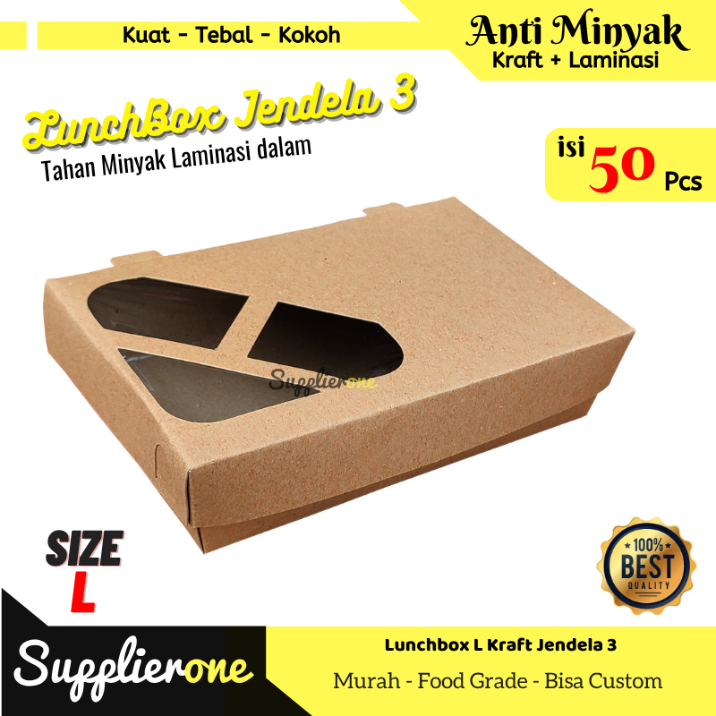 Lunch Box L Jendela 3 isi 50 / Lunch Box Paper / Lunch Box Window / Paper Lunch Box / Box Nasi / Lun
