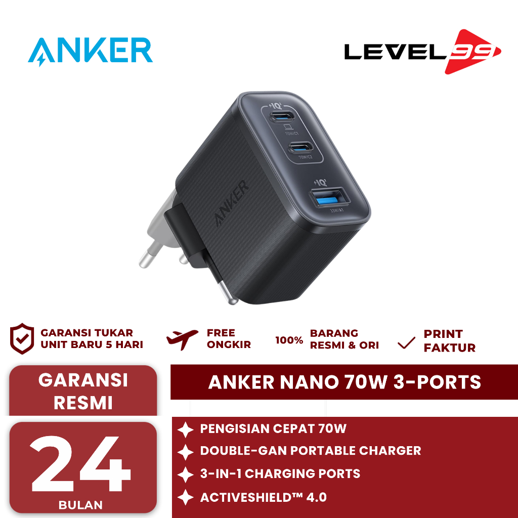 Charger ANKER Nano 70W 3-Ports - Anker Nano 70W Gan Double-Gan Portable Charger Fordable Fast Chargi