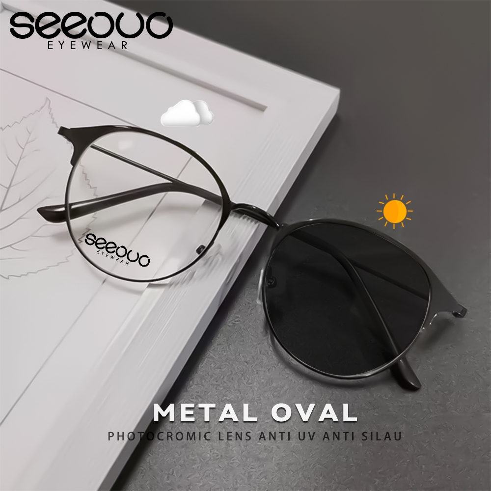 Seeouo Kacamata Photocromic Antiradiasi Model Oval Metal Ringan Fashion Glasses Bisa Minus Simple Un