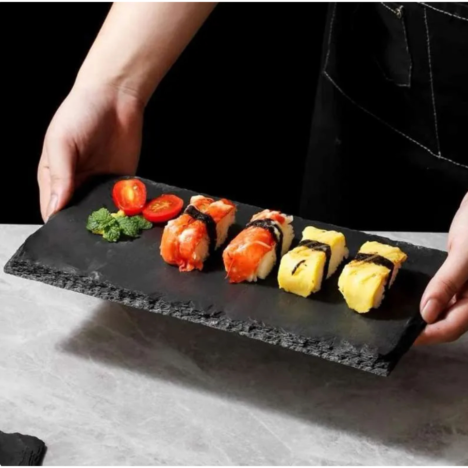Sushi Plate / Steak Display Plate 10x20cm Motif Hitam Kasar / Wadah Batu Alami / Piring Saji Batu Al