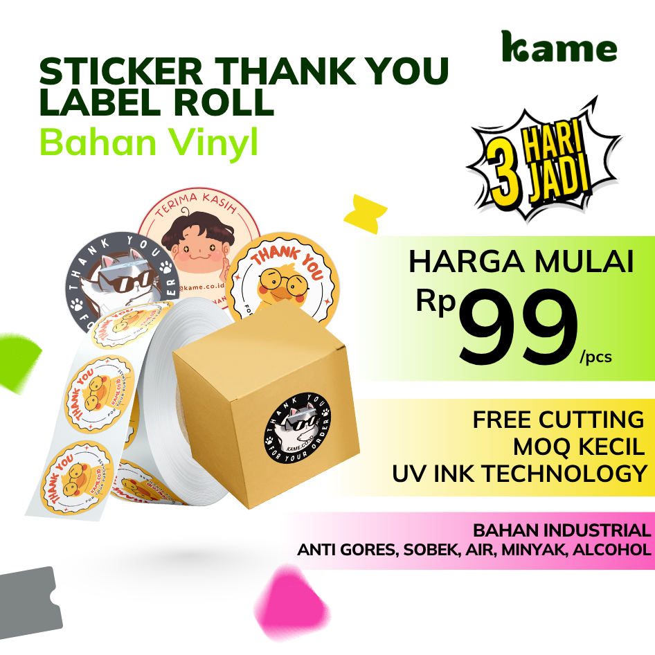 Cetak Stiker Label Roll UV INK Vinyl | Stiker Roll Custom Thank You | Stiker Cutting Kiss Cut | Stik