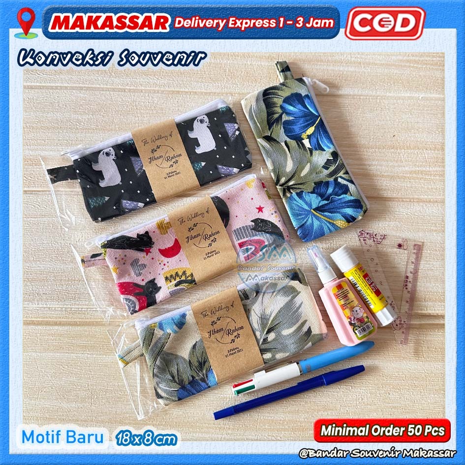 (min.order 50 pcs) Souvenir POUCH Dompet KANVAS PENSIL ATK 18x8cm Kemas PLASTIK Murah Makassar