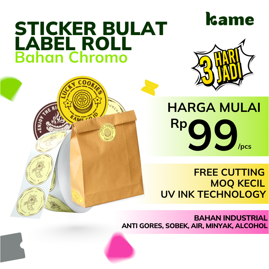 Cetak Stiker Label Roll UV INK Chromo | Stiker Roll Custom | Stiker Cutting Kiss Cut | Stiker Bahan 