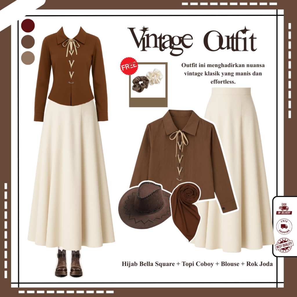 Mona Outfit Vintage Style ( Topi Coboy + Hijab + Blouse + Rok Joda ) Outfit Yearbook Vintage - N40