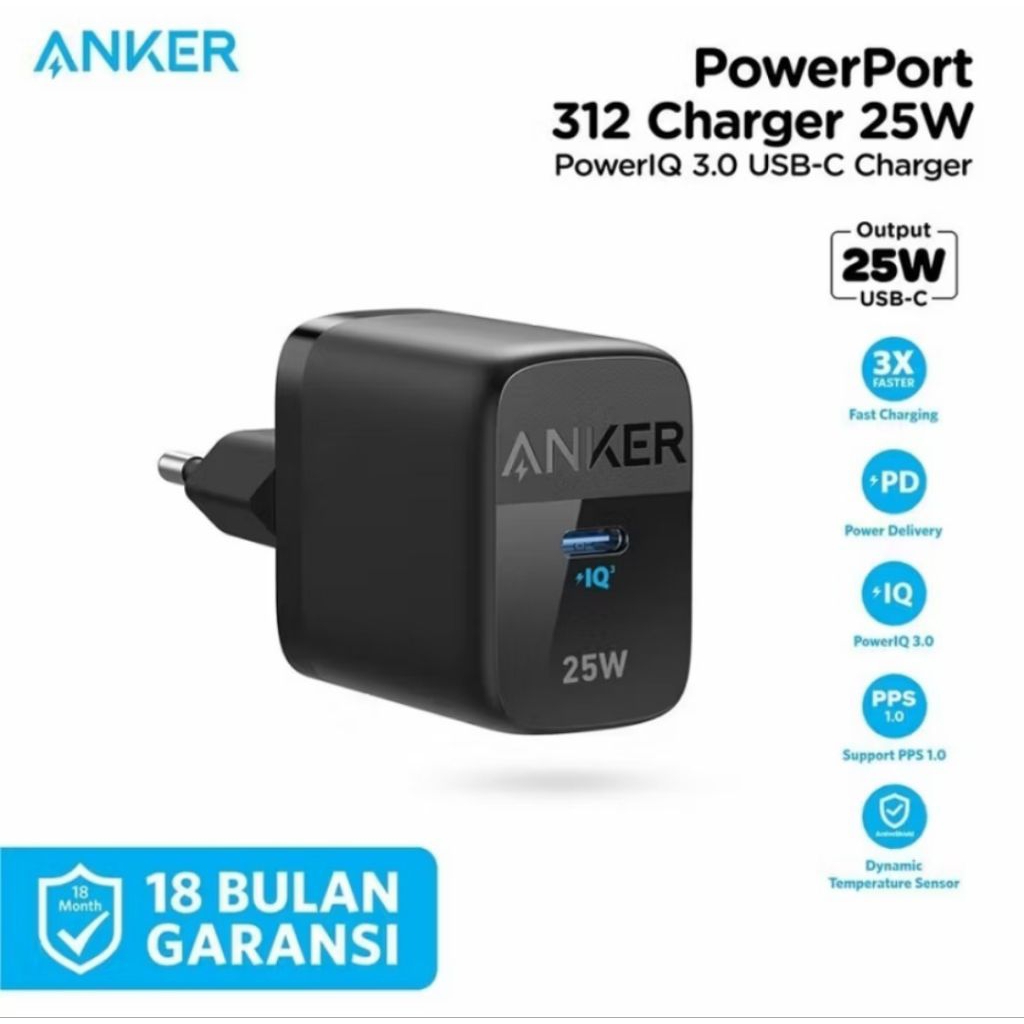 ANKER TRAVEL ADAPTER 312 25 WATT USB TYPE C KEPALA CHARGER BATOK CASAN FAST CHARGING