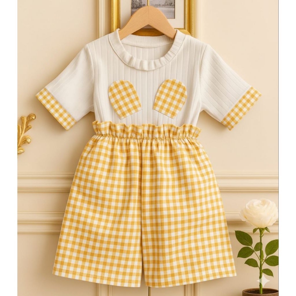 baju setelan anak perempuan motif kotak-kotak usia 1-7 tahun