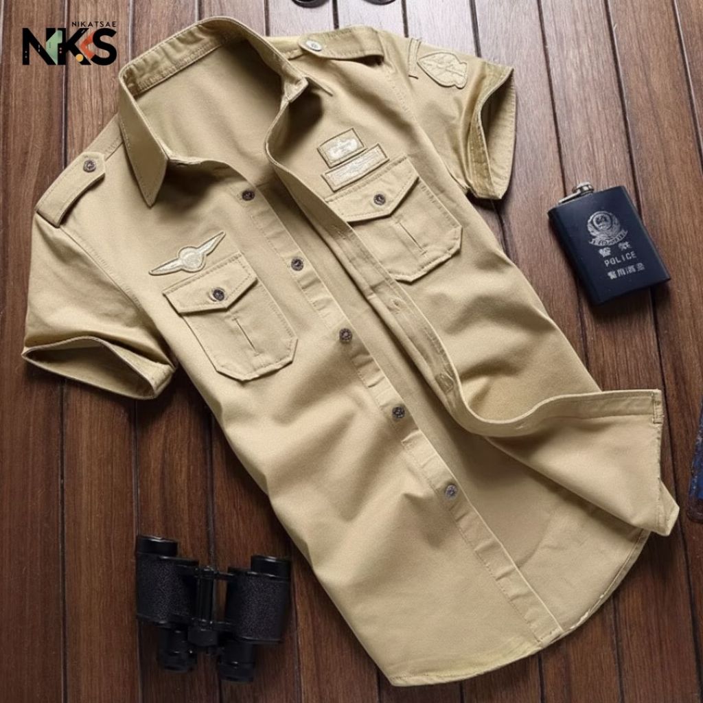 Kemeja Tactical Cream Lengan Pendek Bordil / Kemeja Tactical / Baju Tactical / Kemeja / Kemeja