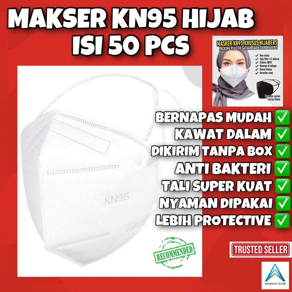 Masker KN95 Hijab Premium Isi 50 PCS Tanpa Dus — Kualitas Tebal Nyaman Dipakai, Tali Kuat & Lentur, 
