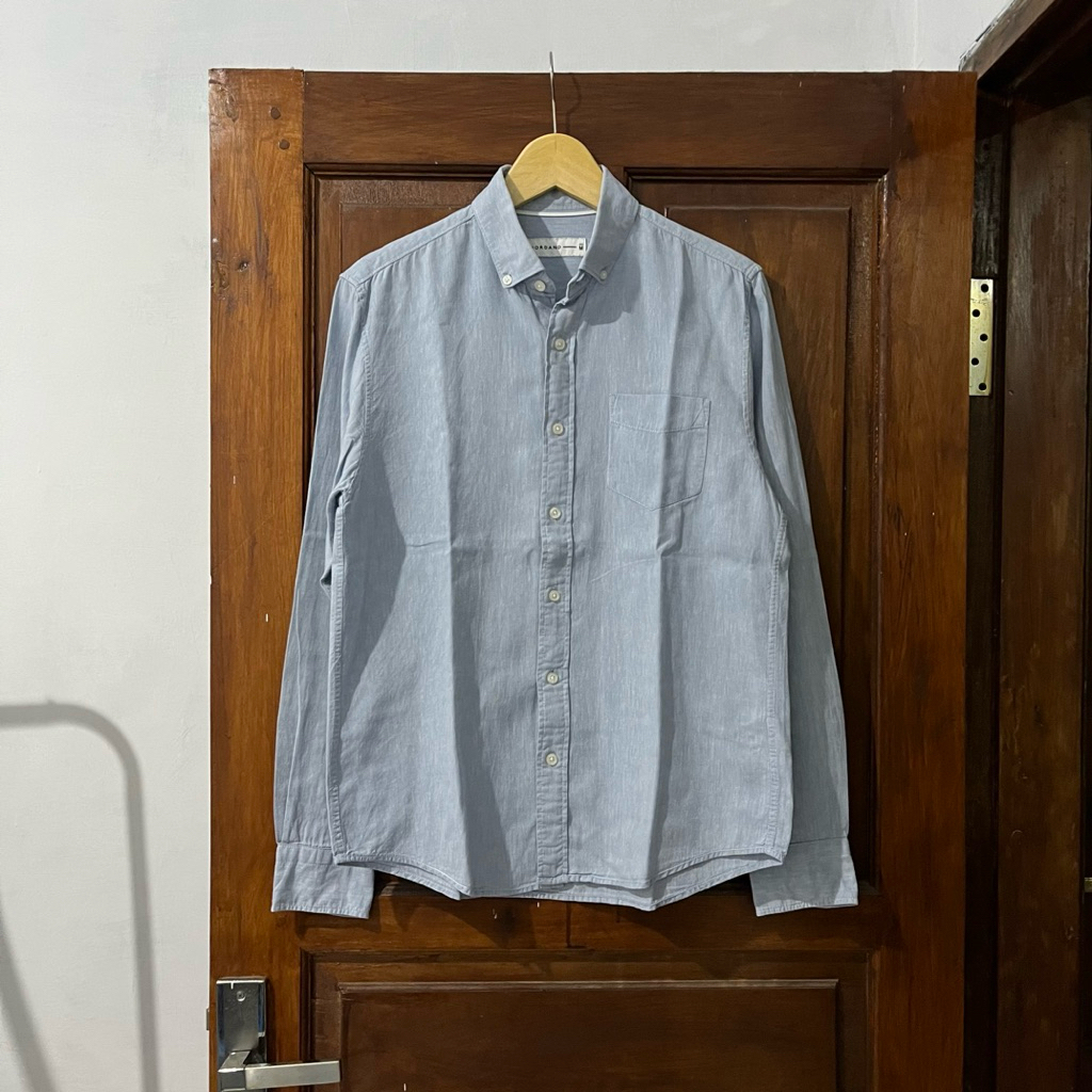 [M-L] Giordano Linen Long Sleeve Shirt - Blue I Vintage Vtg Retro Kemeja Garis-garis Salur Outer Wol