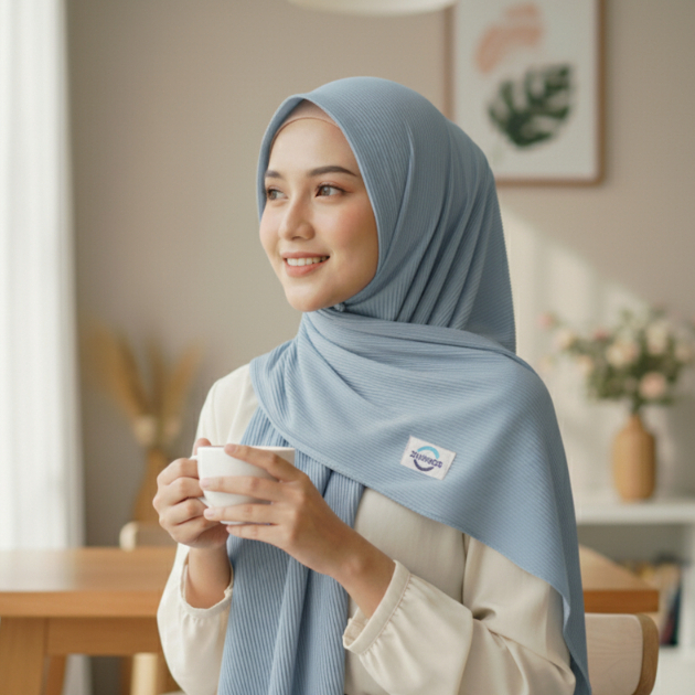 ZUHRIOS Hijab Pashmina Plisket Warna Biru  muda soft