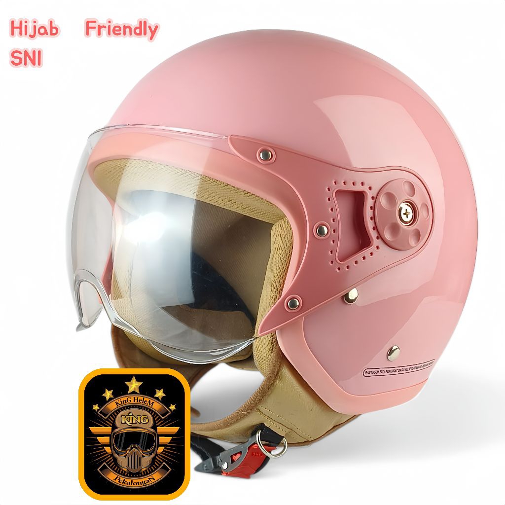 HELM BOGO WANITA HIJAB LIS PINK KACA BENING - Helm Bogo Wanita Dewasa Remaja SNI TERLARIS