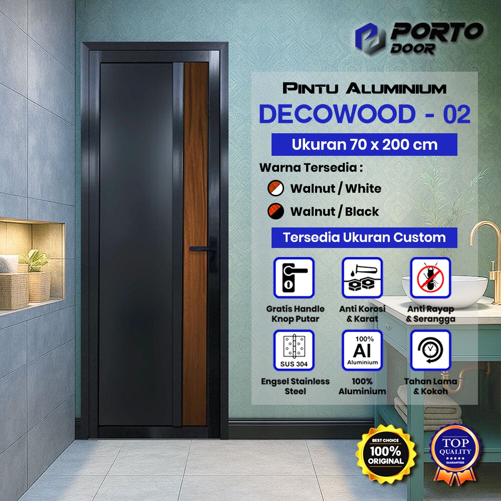 PORTO DOOR DECO WOOD 02 CUSTOM UKURAN / Pintu Aluminium / Pintu Kamar Mandi / Pintu Toilet