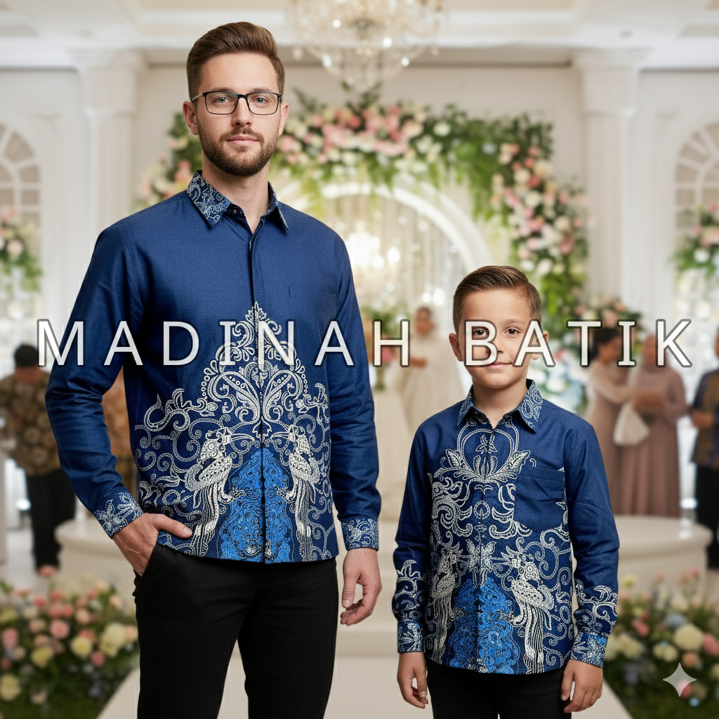KEMEJA BATIK WARNA BIRU NAVY  MAHKOTA LASEM COUPLE AYAH DAN ANAK KATUN PREMIUM