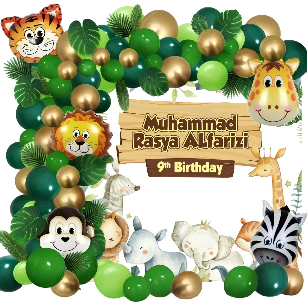 Balon  Set SAFARI hutan Hijau ANIMALS Daun palem Balon Garland Latex Dekorasi Pesta UlTah Anak