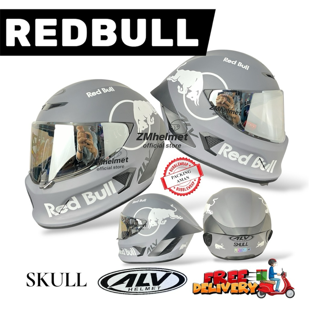 HELM ALV SKULL Solid Grey doft Redbull Full Face SNI