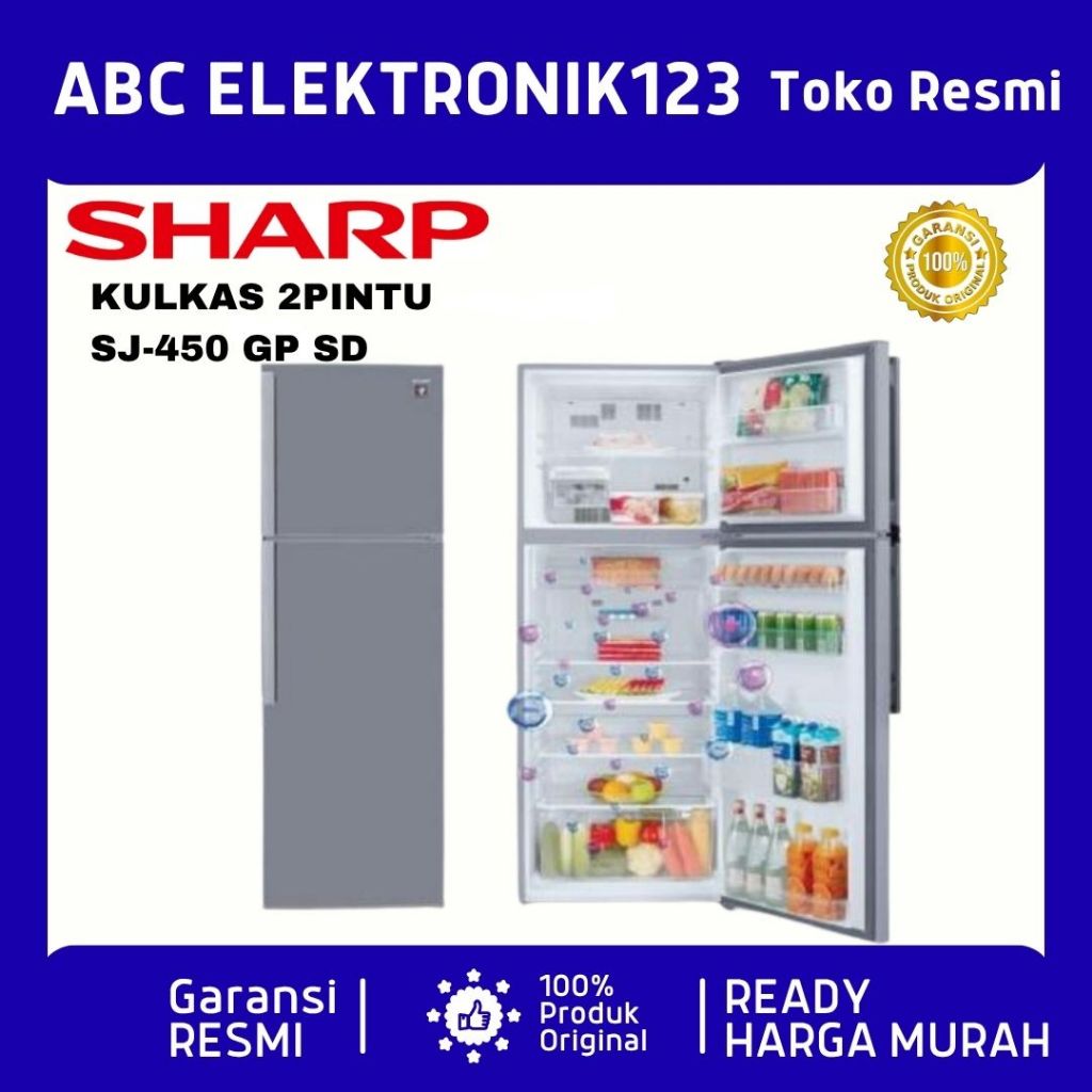 Kulkas Sharp SJ450GPSD 2 Pintu, Kapasitas 352L, Abu-abu, dengan Teknologi Plasmacluster Ion dan Ag Nano Deodorizer