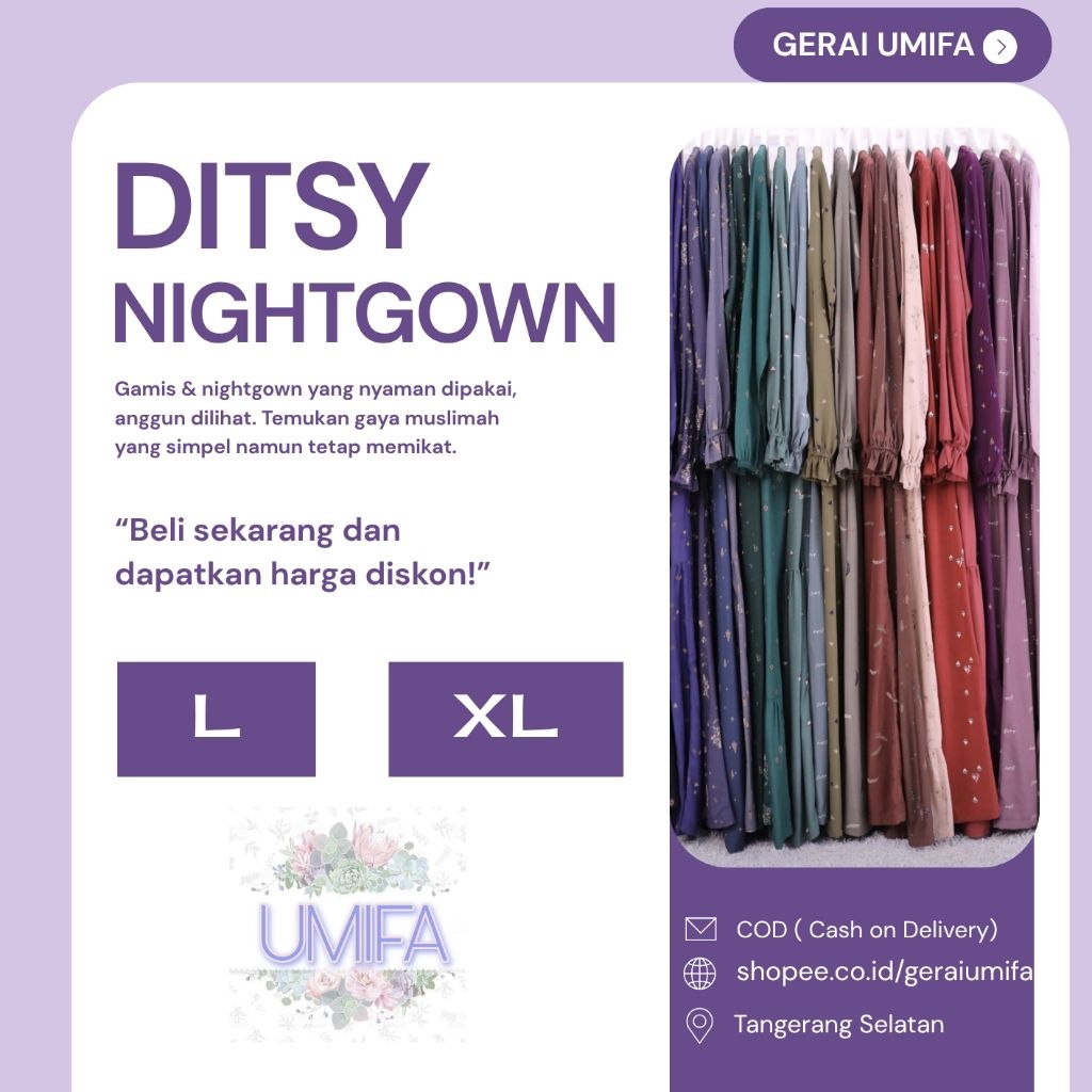 Ditsy Nightgown size L dan XL Royal Viscose Premium Base Viscose Ilyra Powder Blue Aalira Navae Tarr