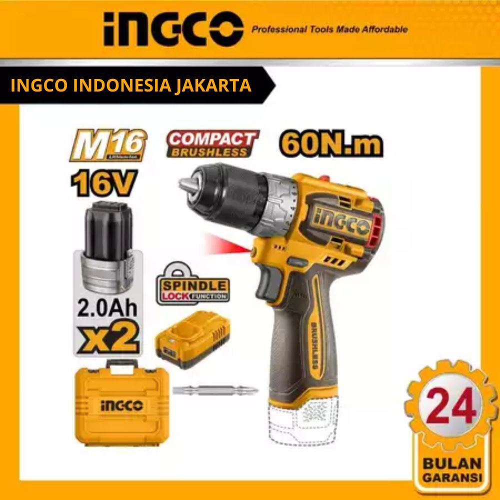 (INGCO) - Cordless Drill Brushless INGCO CDLI16682 Mesin Bor Besi Kayu Baterai  (1 baterai & 1 charg