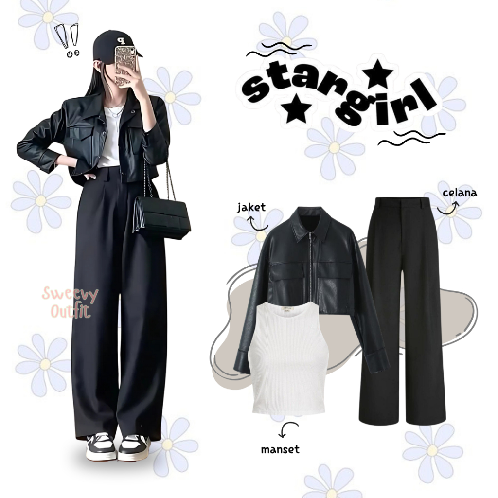 Outfit Set Tomboy Korean Style | Jacket, Manset, Celana Kulot | One Set OOTD Skena Kekinian |Soin