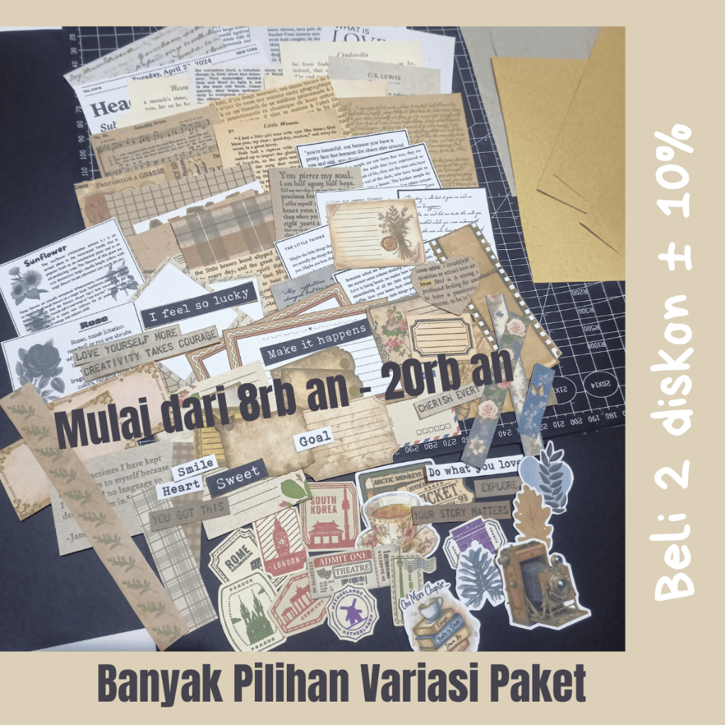 [145 Biji] STICKER MATTE/DOFF JOURNAL KIT VINTAGE | PASTEL  + GUNTING dan Lem | PAKET JURNALING SCRA