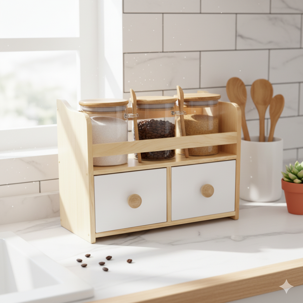 Rak Tempat Bumbu Kayu Kombinasi Laci Serbaguna Rak Bumbu Dapur Rak Susun Rak Kosmetik