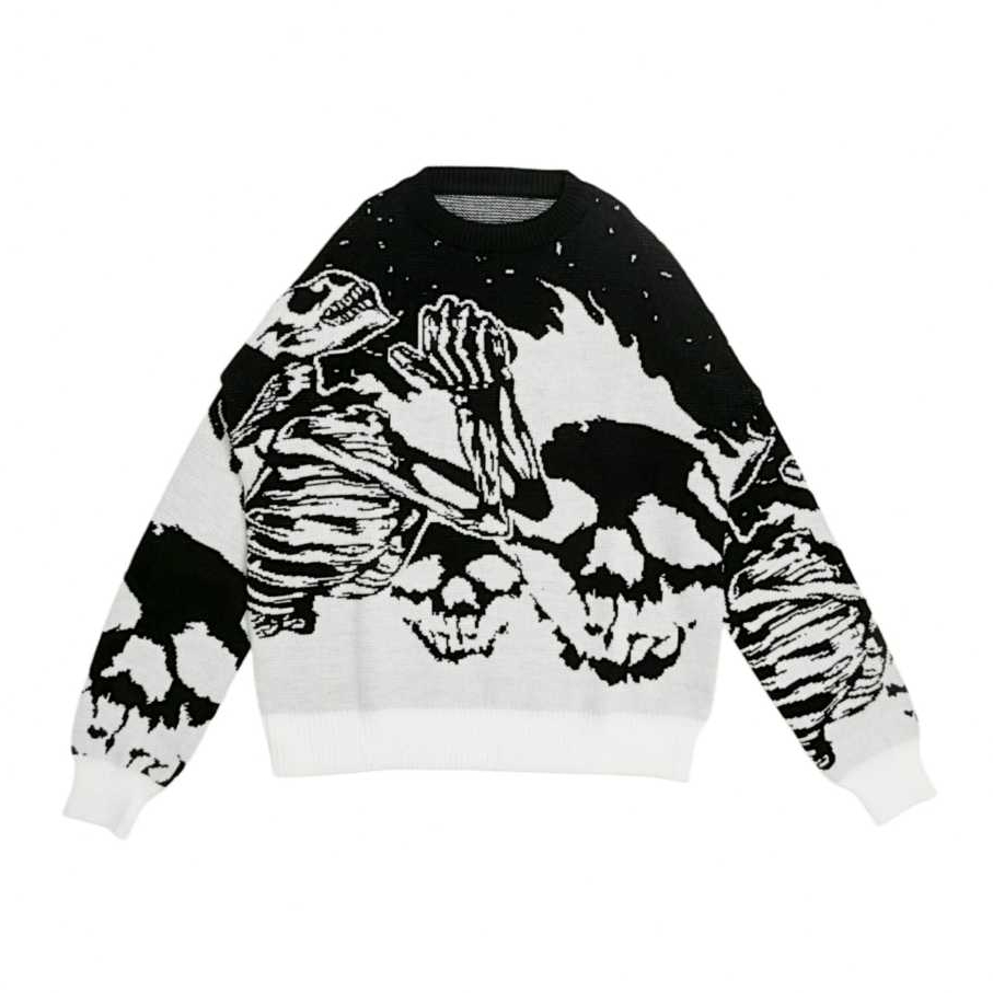 msa Sweater Rajut Skeleton Flame Unisex – Black White  knitwear akrilik oversize