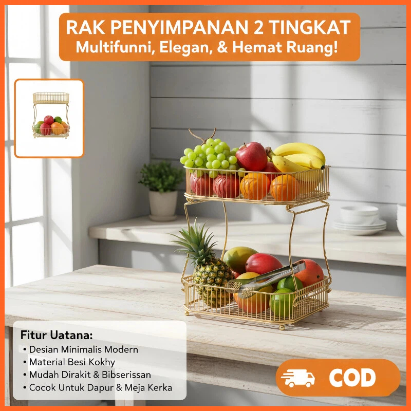 Rak Bumbu Dapur 2 Susun | Rak Meja Dapur Gold | Tempat Penyimpanan Bumbu Besi | Keranjang Buah Estet