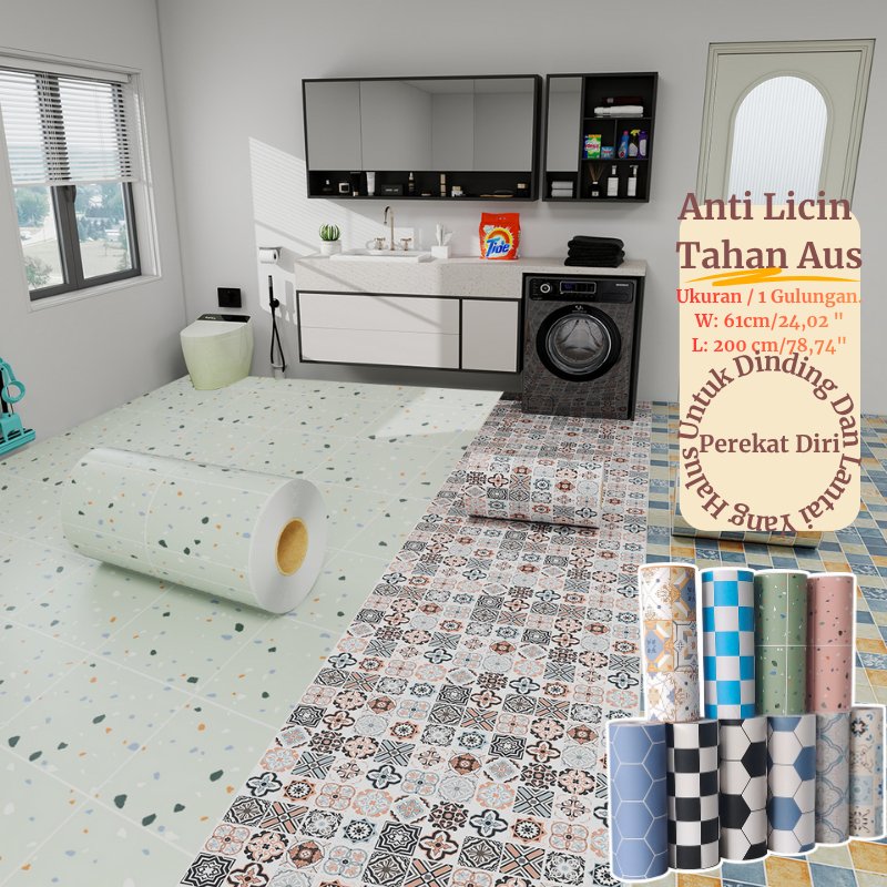 Wallpaper Dinding Kamar Mandi Anti Licin Perekat Diri 2 Meter Lantai PVC Sticker Lantai Semen Kasar 