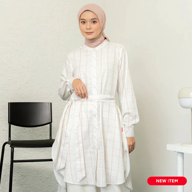 DAUKY L Tunic Plaid Rayon Ivory - Fashion Muslim Atasan Tunic Motif Baju Long Tunik Midi Dress Bahan
