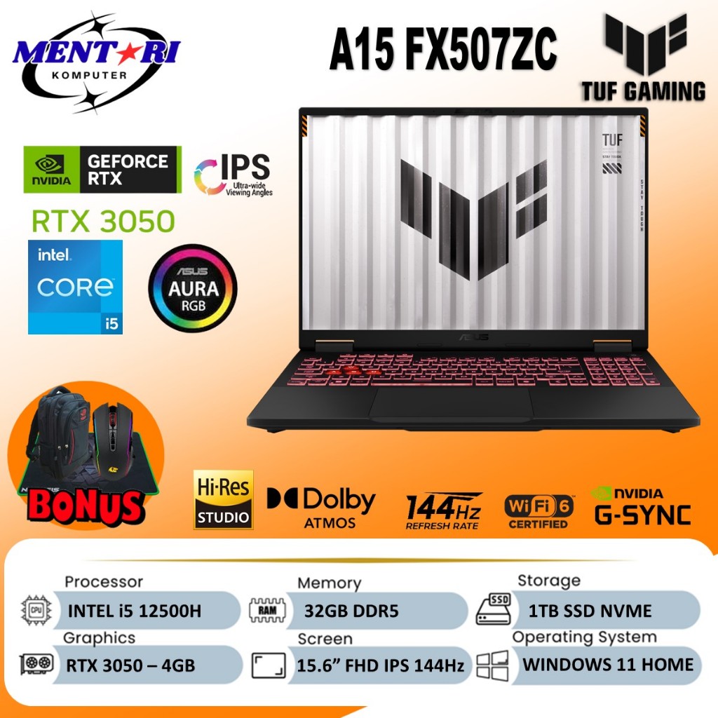 ASUS TUF F15 FX507ZC I5 12500H 32GB 1TB SSD RTX3050 15.6 FHD 144HZ GAMING LAPTOP