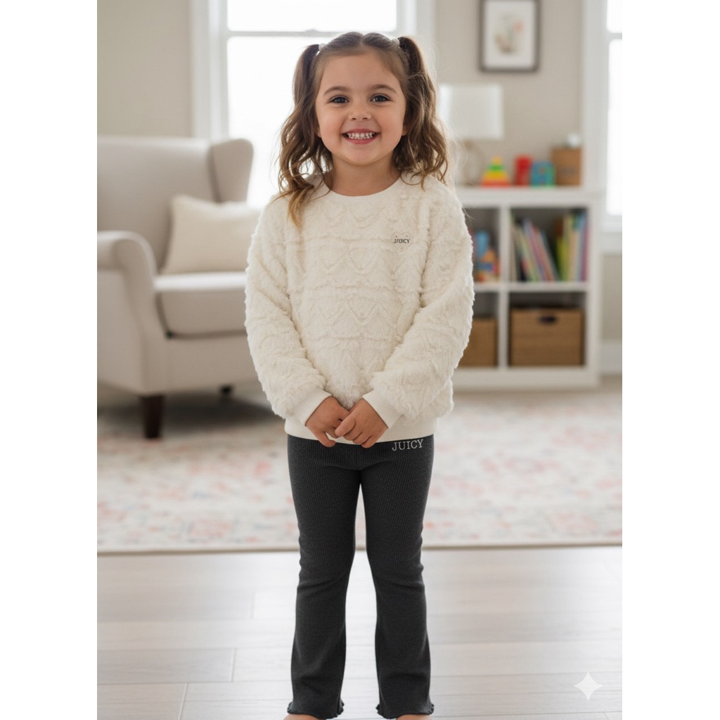 READY STOCK Setelan Anak Perempuan Juicy Couture JC Bulu Putih Motif Love Celana Cutbray 2 Tahun 7 T