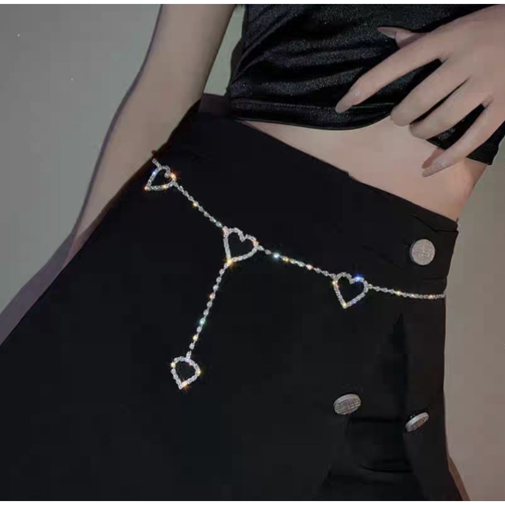 Waist Chain Party Bling Love Fake Diamond Y2K Ikat Pinggang Wanita Berlian Hati Berkilau Gaya Pesta 