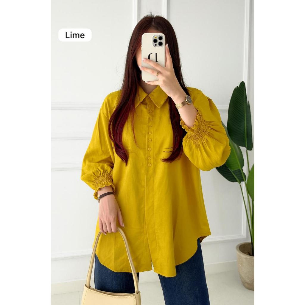 Kiukiu Atasan Rayon Twill Tangan Smok - Blouse Wanita - Atasan Kancing Polos Wanita - Formal/Casual 