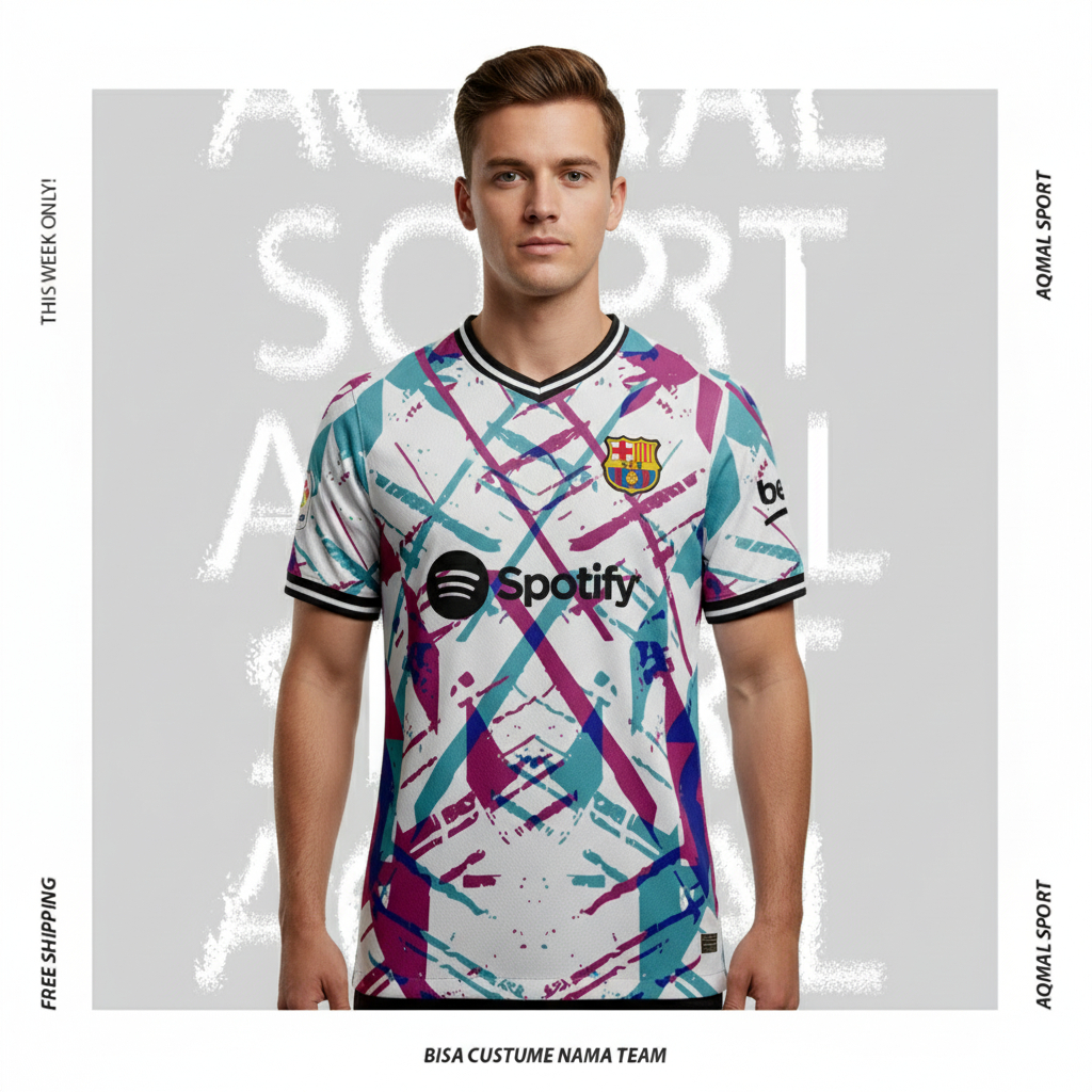 Jersey Bola Full Print Motif Barcelona Custom Nama & No