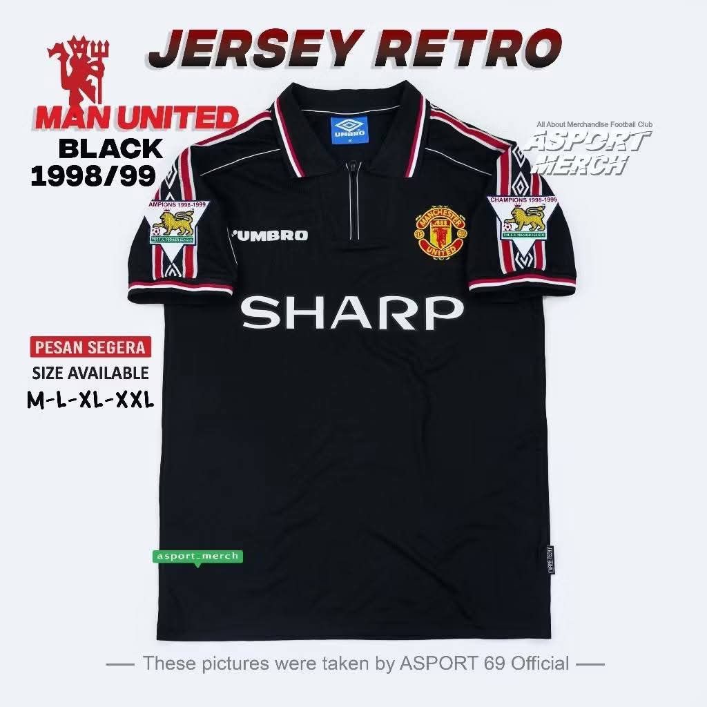 RETRO MU MAN UNITED BLACK 1998 1999 TREBLE WINNER RETRO MAN UNITED HITAM 98 99 TREBLE