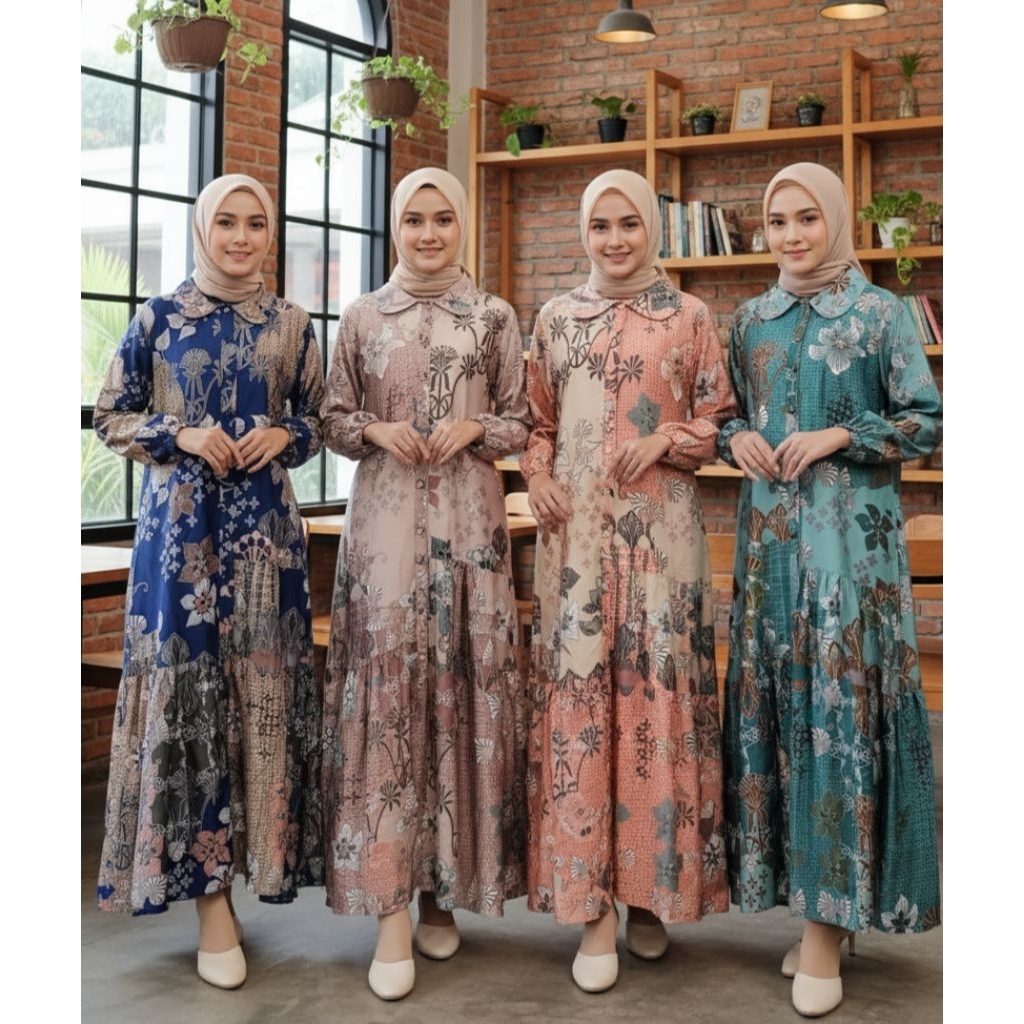PROMO Gamis tania series sateen dior silk maxmara satin motif batik printing