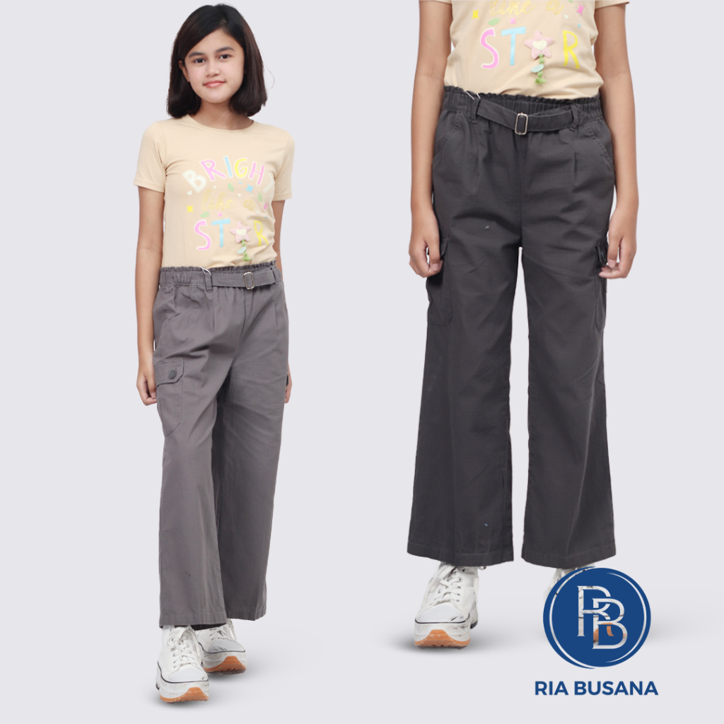 Ria Busana - Meily - Celana Panjang Anak Perempuan Saku Cargo Kulot Ribstop (1)