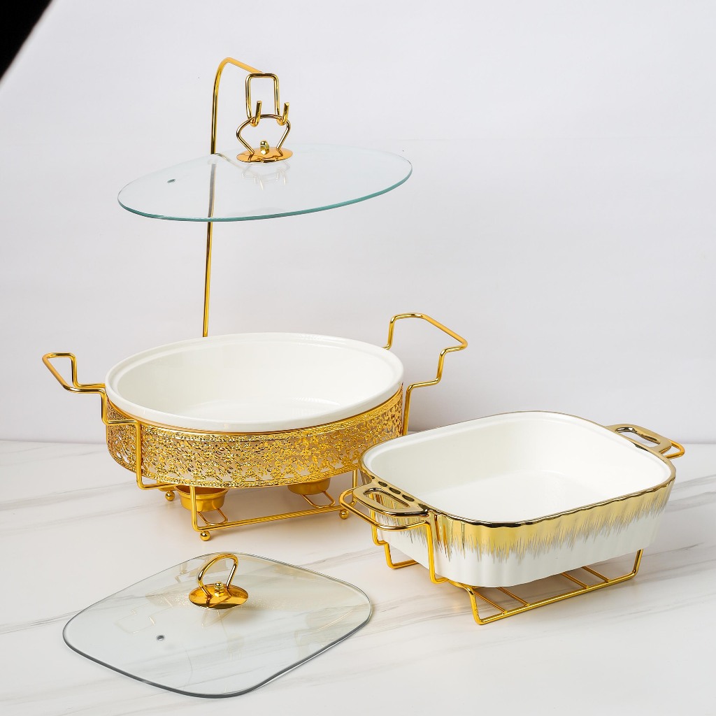 Clotee Wadah Piring Saji Prasmanan Keramik Canada Serving Plate Penyajian Berpinggiran Gold / Wadah 