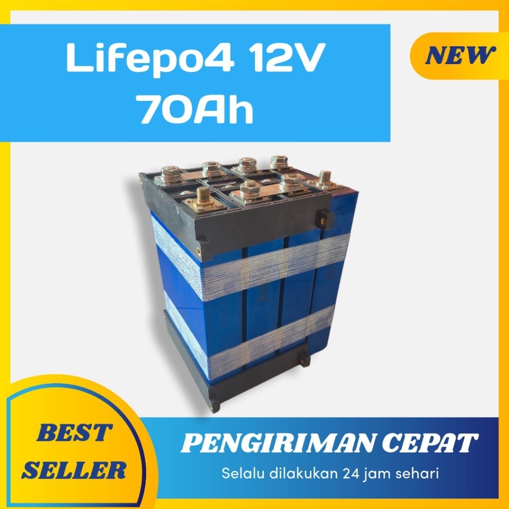 Baterai Lifepo4 12V 70Ah Grade A, Baut Bawaan Pabrik 16an