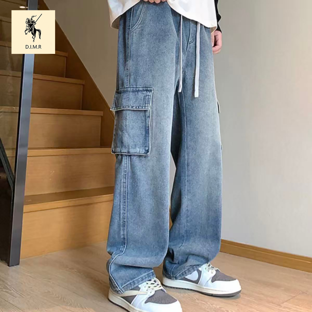 D.I.M.R Jeans pria berpotongan lurus khas Amerika gaya jalanan retro terbuat dari kain denim pilihan