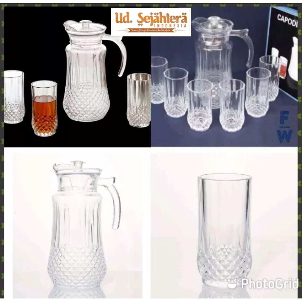 Formia TEKO SET 1 teko 6 gelas minum bahan kaca bening tebal kapasitas gelas 270 ml dan teko 1500 ml