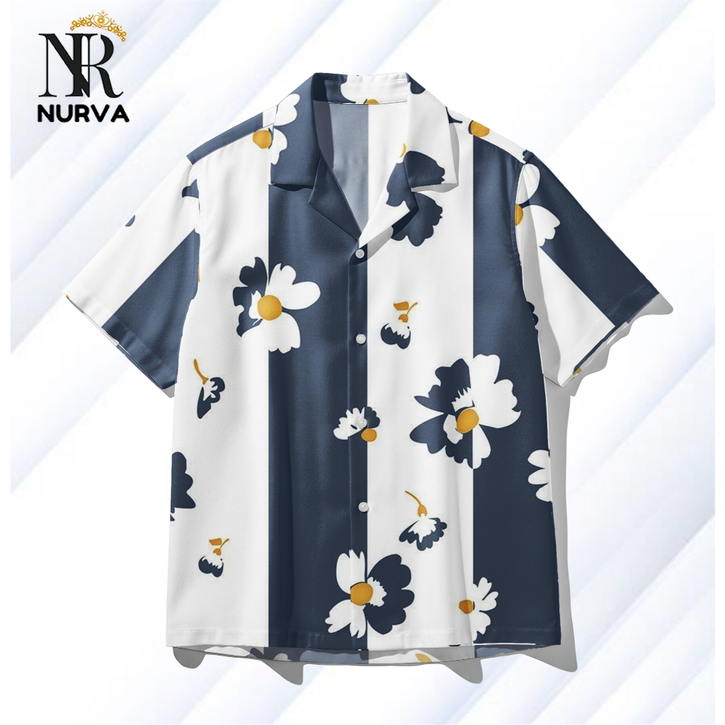 NURVA Kemeja Full Print Pria dan Wanita Motif Garis Bunga Daisy Floral Navy Putih – Kemeja Hawai Cas