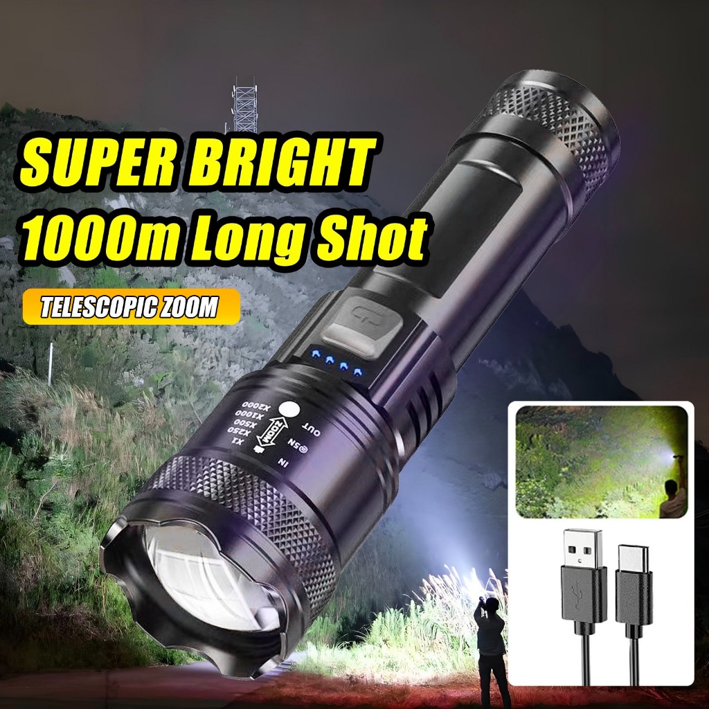 Senter LED Super Terang Anti Air 10000 Lumen Zoom Jauh / Dekat bisa USB & Type-C