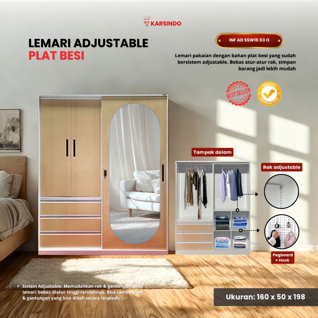Lemari Pakaian Besi 3 Pintu  Lemari Baju Steel Wardrobe SSW16D3