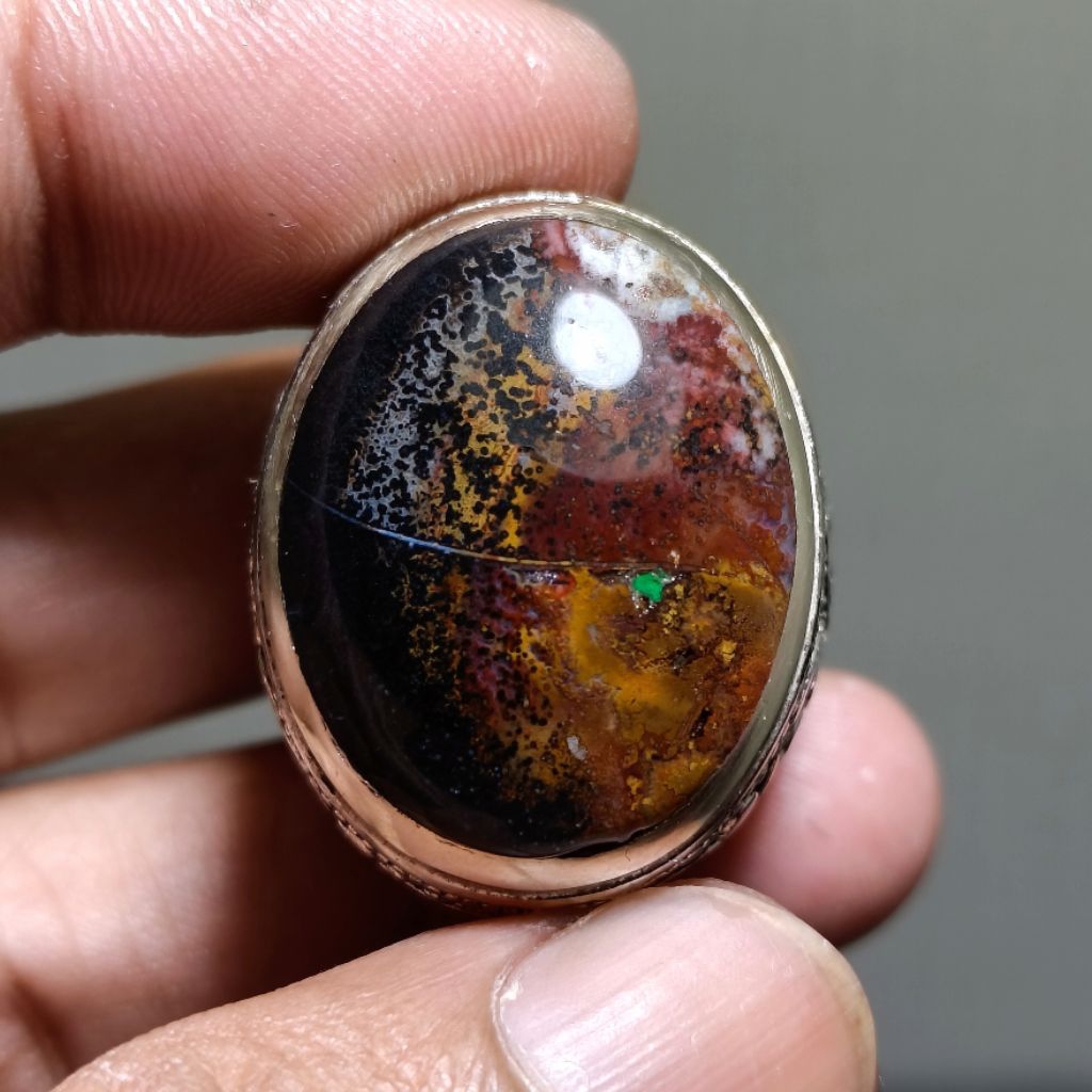 Cincin Batu Akik Garut Pw Edong Mercab Klasik Motif Gambar Wajah, Kualitas Super Kristal, Cocok Di P