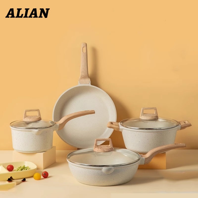 ALIAN 7PCS Set Granit Putih Antilengket Peralatan Masak Dapur Wajan Rumah Tangga Premium